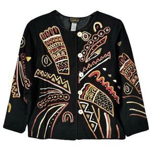 VTG‎ Allure Tribal Embroidered Jacket Size Small Boxy Bohemian Art To Wear Funky